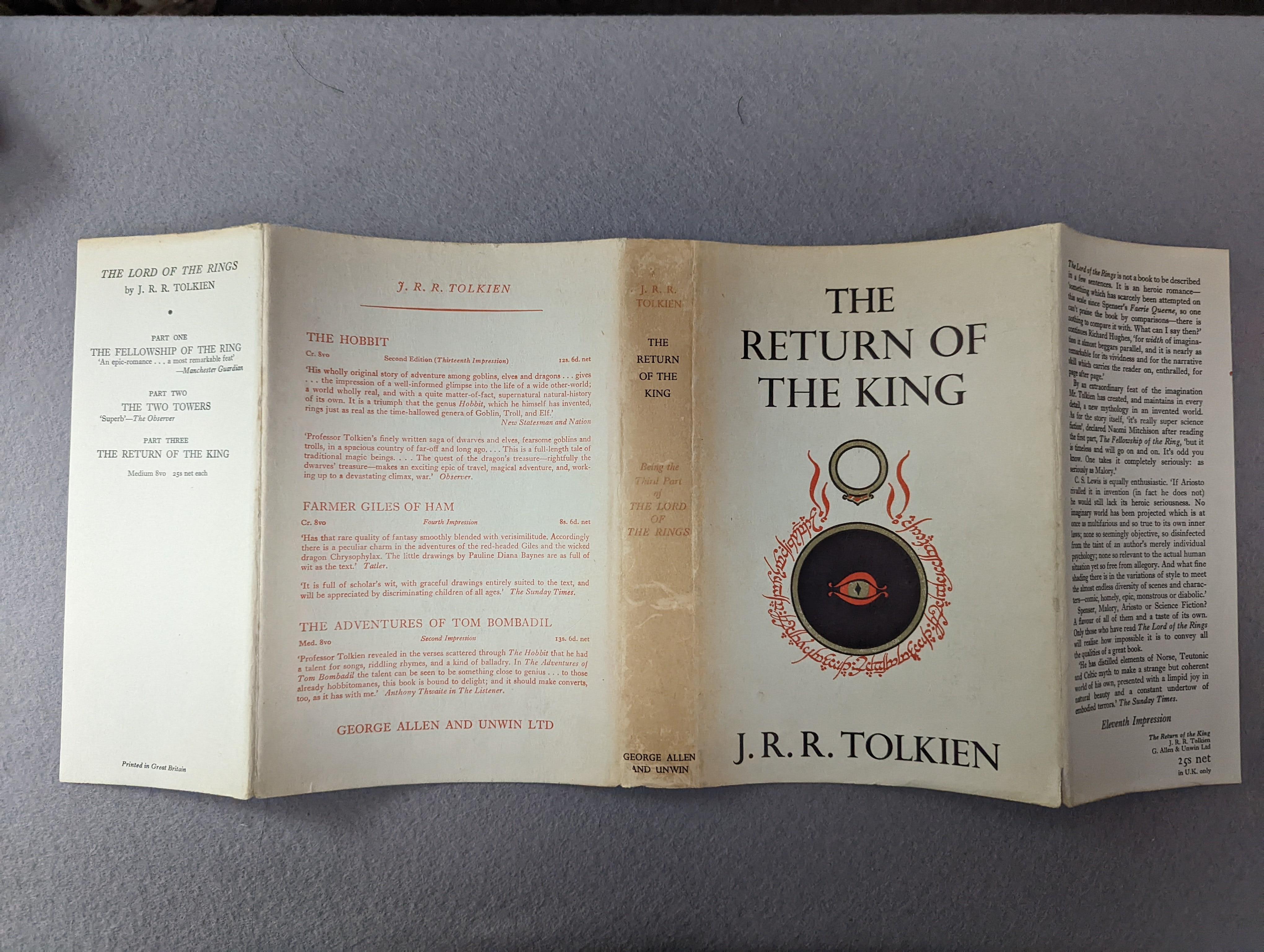 Tolkien, J.R.R - Lord of the Rings - The Fellowship of the Ring, 11th impression, 1961, The Two Towers, 10th impression, 1963 and The Return of the King, 11th impression, 1965, all with unclipped d/j’s, retaining folded